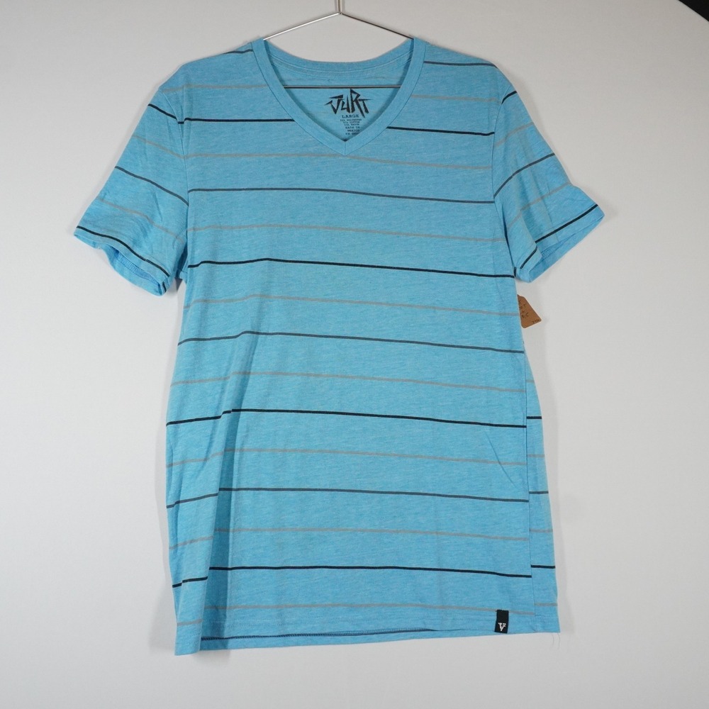 Vurt Mens Large Blue Striped‎ V-Neck Skater T-Shirt Short Sleeve Heathered y2k